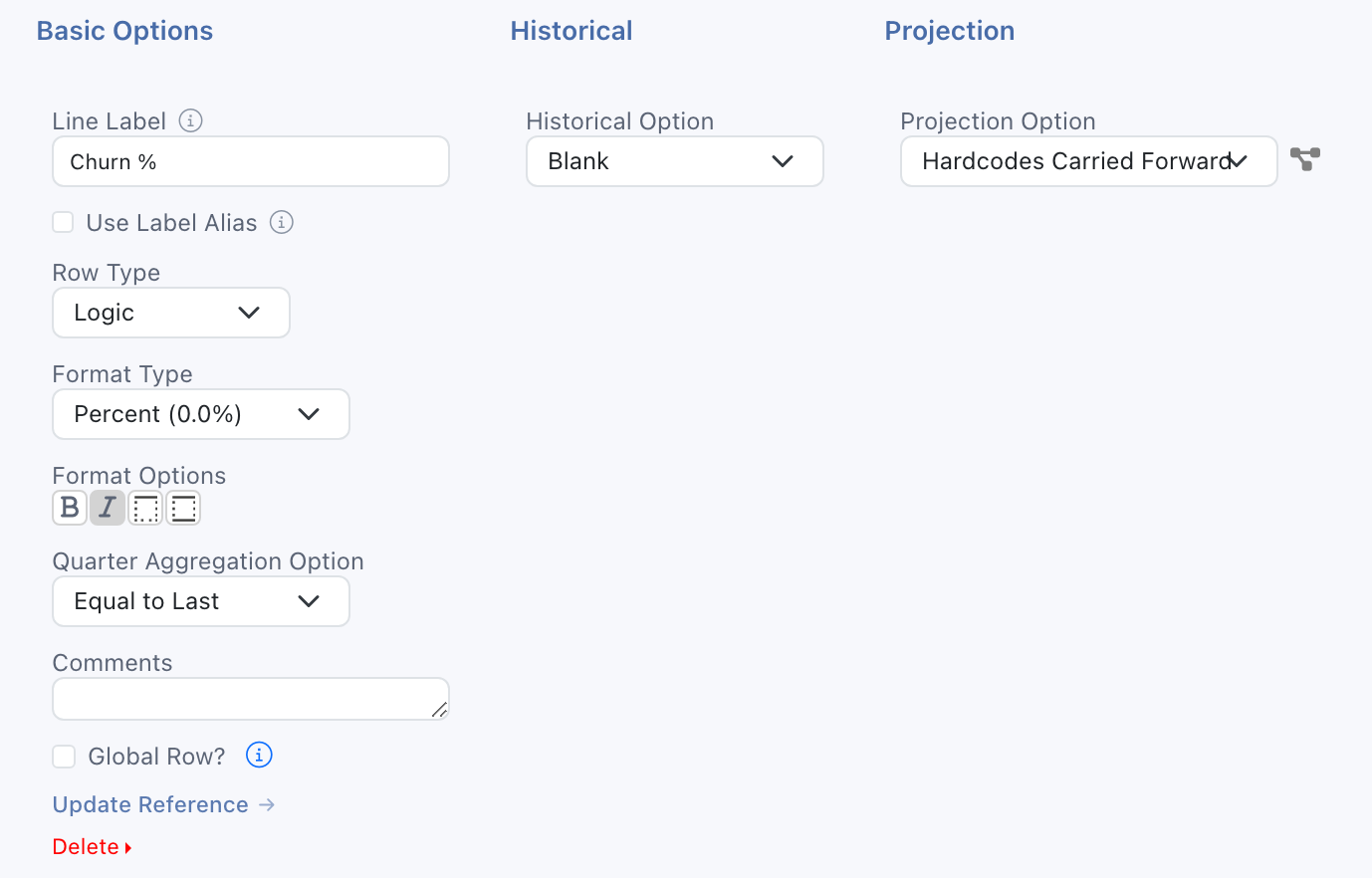 Edit the Logic Row’s historical, projection, and aggregation settings from its detail panel.