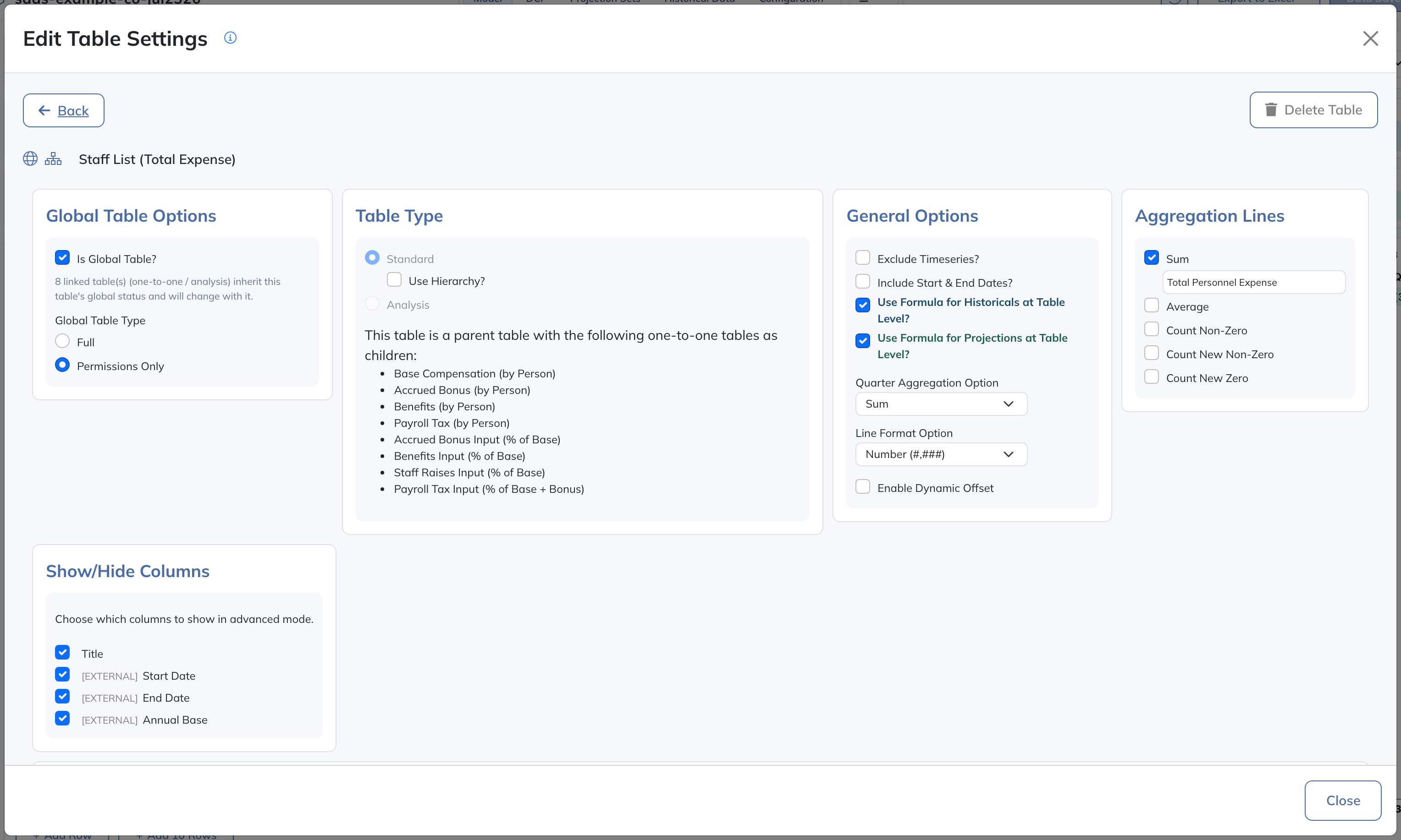 Edit Table Settings for a Standard Collection Table, showing Global Table Options, Table Type, General Options, Aggregation Lines, and Show/Hide Columns.