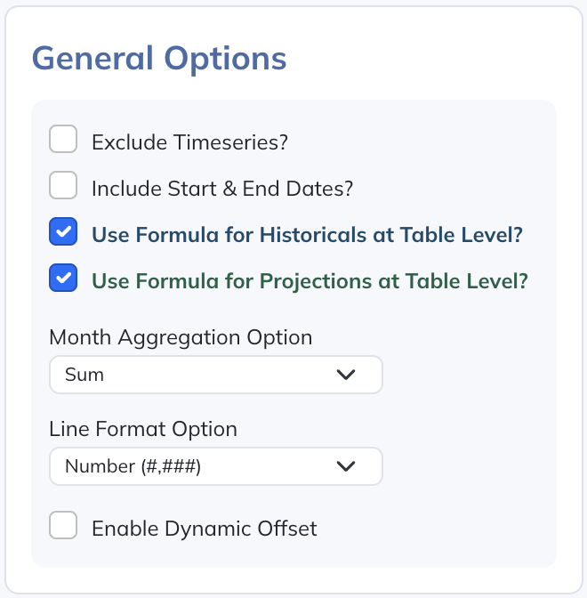 General Options with both table-level formula options checked.