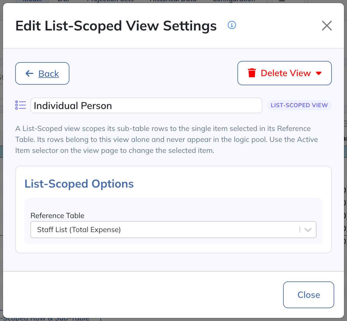 Edit List-Scoped View Settings with Staff List (Total Expense) as the Reference Table.