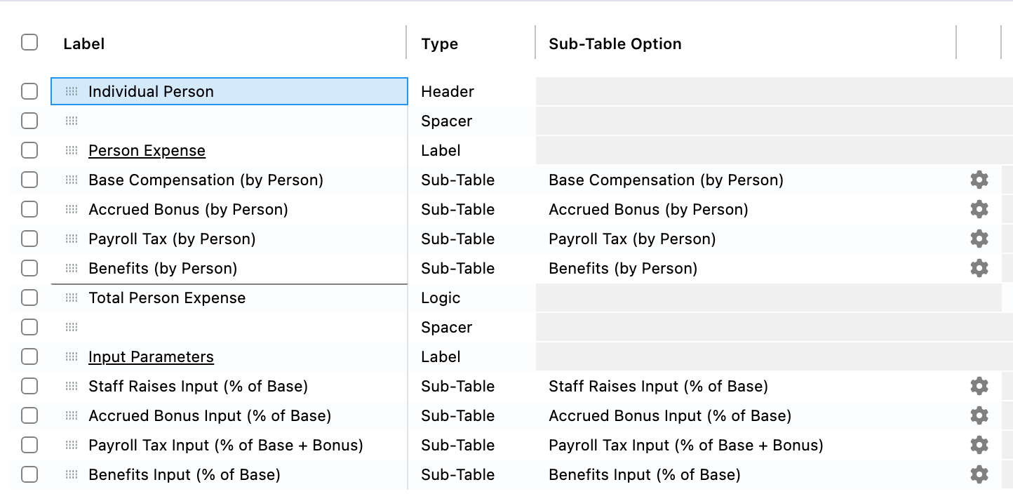 Advanced Mode: use the Sub-Table Option column and gear to configure the selected reference.