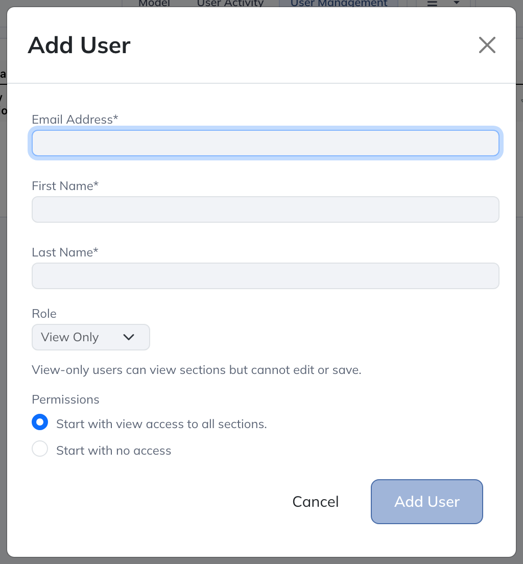 Choose the invited user’s company role and starting permissions.