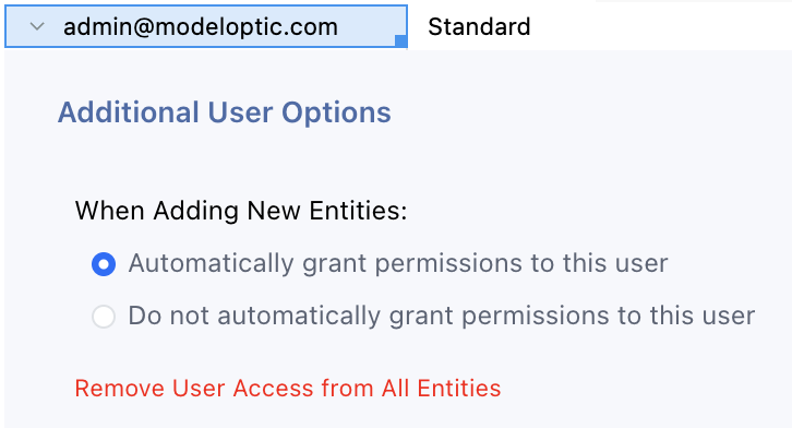 Grant entity access and configure the user’s permissions within each entity.