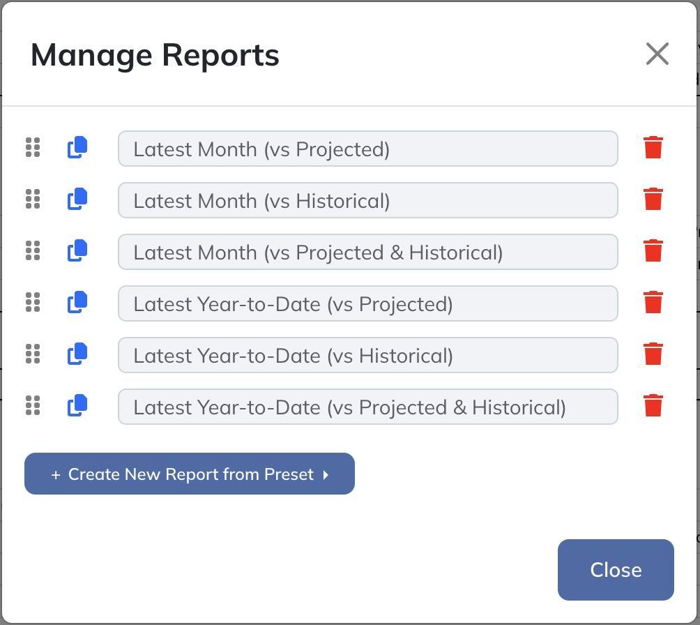 Manage the names, order, and contents of Variance reports.