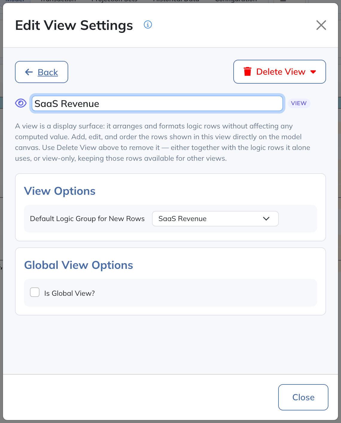 A View arranges model rows; review its scope and deletion options in View Settings.